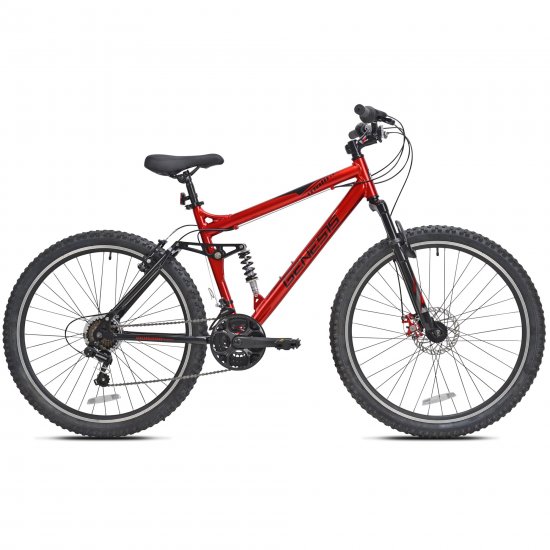 Genesis 27.5 In. Malice Men\'s Full Suspension Mountain Bike with 21 Speeds, Front Disc Brake and Front Suspension, Metallic Red